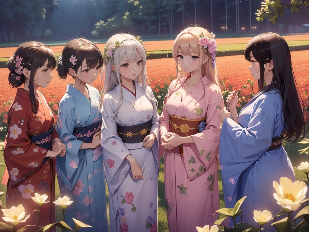 ((Highest quality、detailed、Masterpiece、(((8k)))))、((５Group of beautiful girls))、(detailed顔)、Floral mini yukata、(Thin raw land:1.3)、slender、Beautiful décolletage、Holding hands in a flower field at night