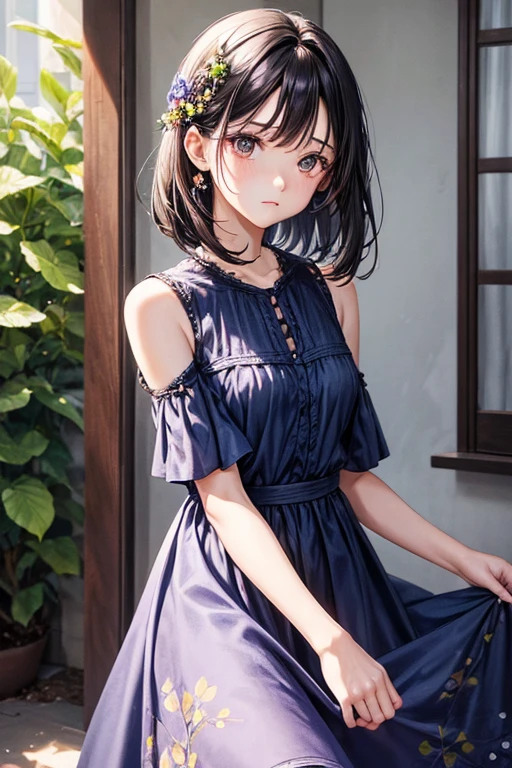 One adult woman,Small ,Black Hair,Berry Short,Shoulder-length hair,Light brown eyes,Blue dress,Floral dress,Long dress,Sad look