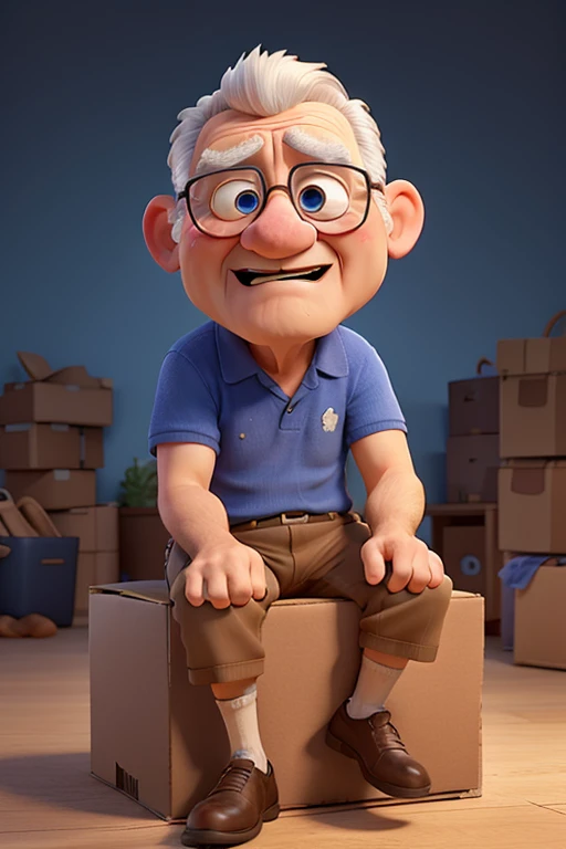 Old man crying blue tears sitting on top of cardboard boxes