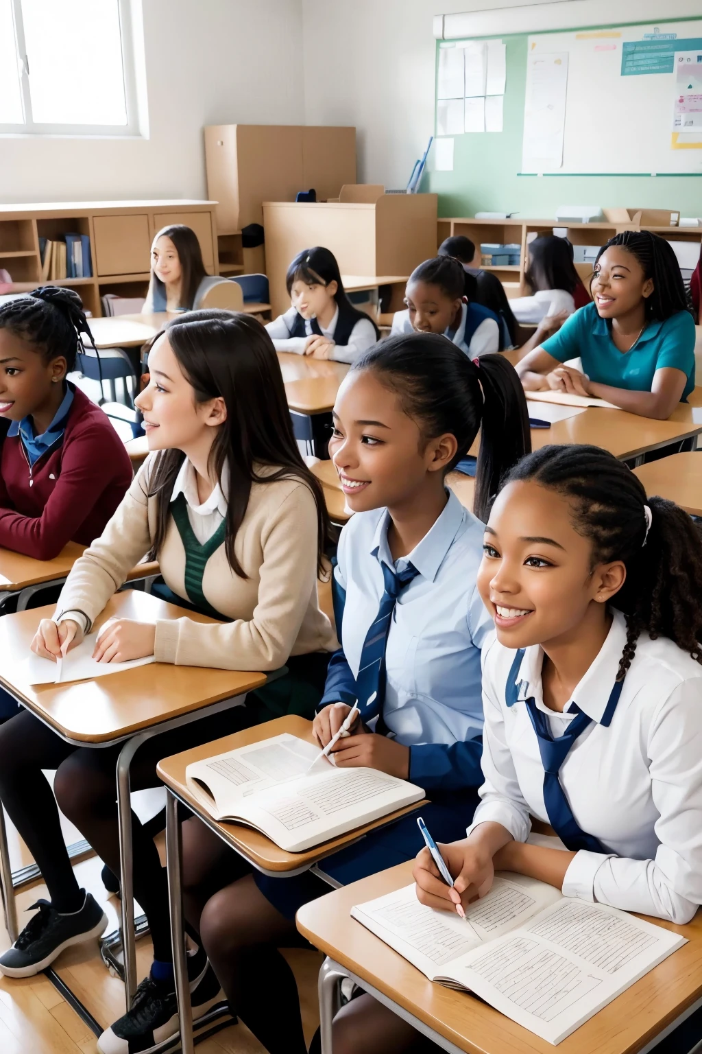 Image that represents the beginning of the second semester of 2024 in a school unit that appears happy teachers or students of various races and ethnicities in the school environment