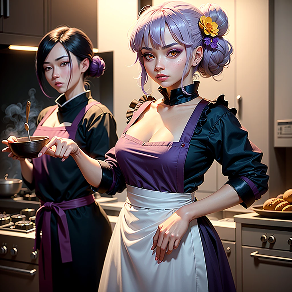(Best quality, 8k, 32K, Masterpiece, uhd) 
Hyper-Realistic image, 8K Raw, masterpiece, cinematic, a 20 year old female character, Konan, a member of Akatsuki, wajahnya bersih tanpa pulasan make up, has short, straight lavender colored hair with a light blue paper flower bun, yellow eyes with lavender eyeshadow, wearing a negligee with a black apron patterned with mega red clouds, the symbol of the Akatsuki, is cooking in a modern kitchen, his fingers were performing a jutsu movement, Meanwhile, thousands of papers containing written recipes were flying around him. 