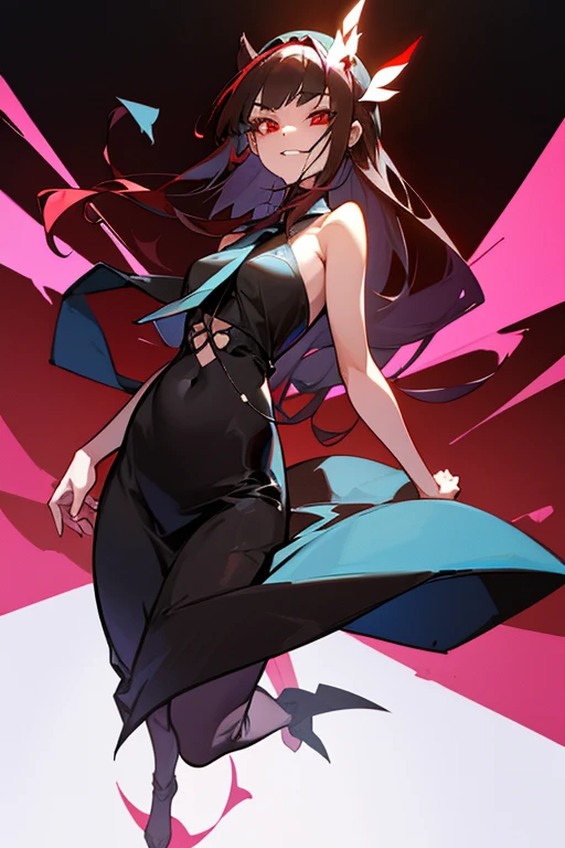 entire body image, flat stomach, high quality image of only one anime-style gothic girl, the girl has a very thin body, the girl have a evil smile in her face, good body, good anatomy, the girl has white skin, the girl has little human ears, red eyes, the girl has straight black hair, the girl have straight bangs in her forehead, her hair cover all her eyebrows, the girl has long hair, the girl is posing sexy, the girl is wearing a short white tight dress with a red tie, bare shoulders, gold jewelry in all her body, the girl expels shadows from all over her body, The girl carries iron paws in her hands, the girl wears a sovietic ushanka hat, The background of the image is a neon futuristic devastated city,
