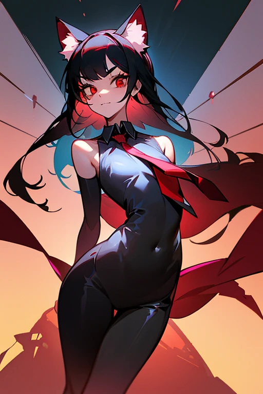 entire body image, flat stomach, high quality image of only one anime-style gothic girl, the girl has a very thin body, the girl have a evil smile in her face, good body, good anatomy, the girl has white skin, the girl has little human ears, red eyes, the girl has straight black hair, the girl have straight bangs in her forehead, her hair cover all her eyebrows, the girl has long hair, the girl is posing sexy, the girl is wearing a short white tight dress with a red tie, bare shoulders, gold jewelry in all her body, the girl expels shadows from all over her body, The girl carries iron paws in her hands, the girl wears a sovietic ushanka hat, The background of the image is a neon futuristic devastated city,