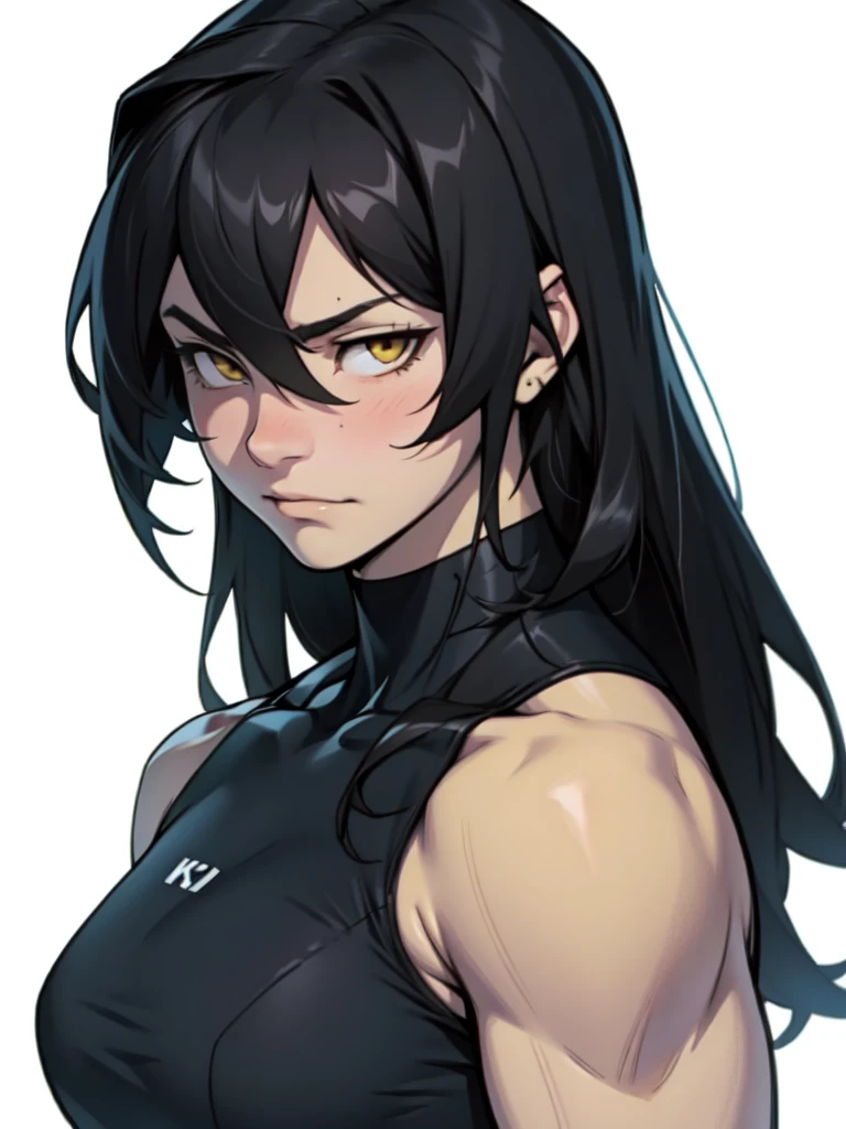 empty eyes embarrassed girl black hair yellow eyes pale skin muscular girl