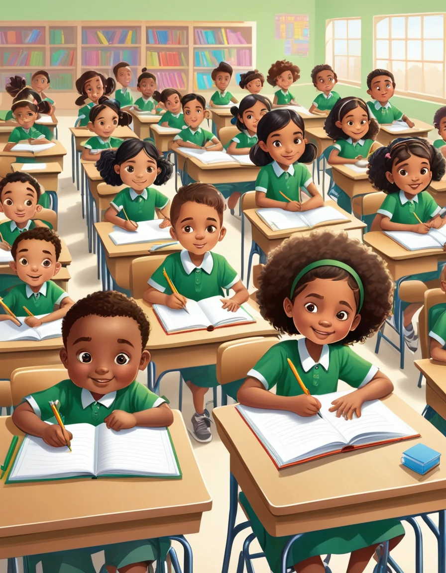 Cartoon style drawing of children of different ethnicities wearing green shirts in the foreground, sitting at school desks, writing or drawing in notebooks. The classroom background is less detailed, highlighting children and their activities.