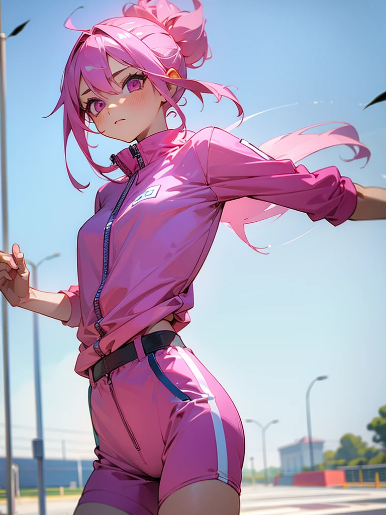 Masterpiece, best quality, 1girl, young, pink hair, pink eyes, day, short jogging outfit
