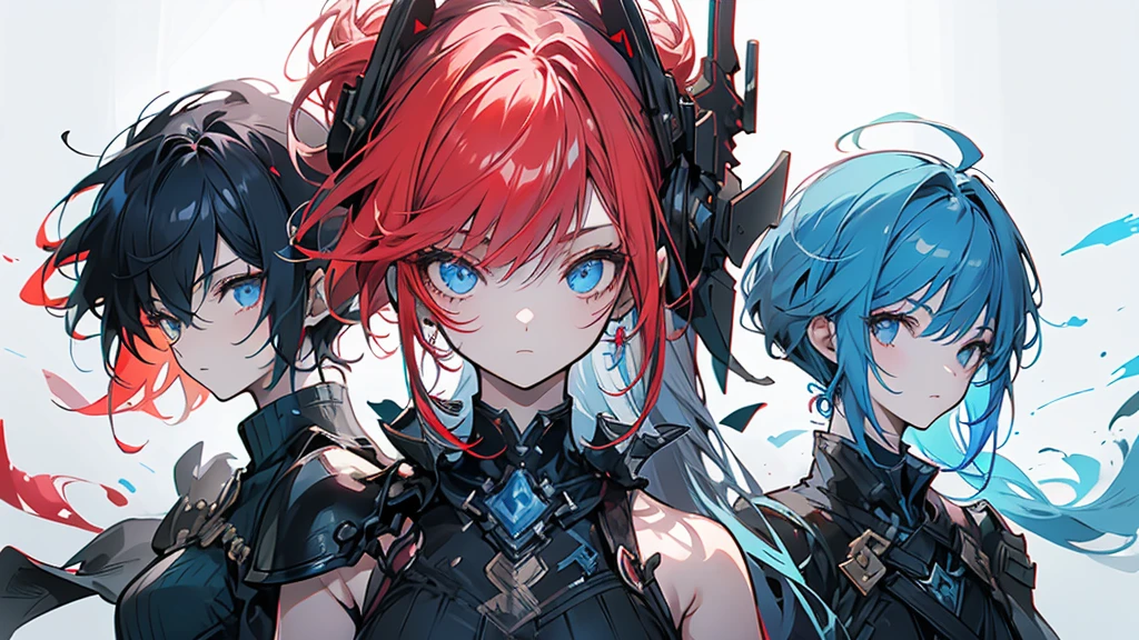 There are four people lined up. The first is a girl with red hair and a one-handed sword. The second is a boy with blue hair and a tank. The third is a magician with black hair of unknown gender. The fourth is a tall person.