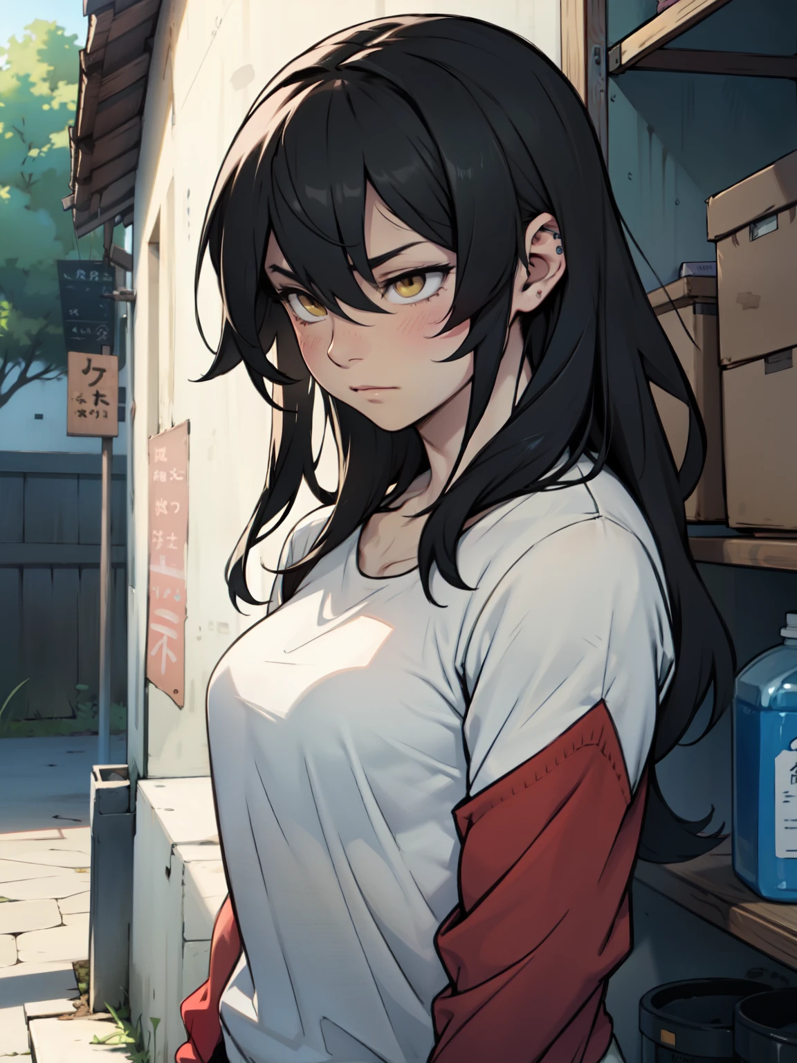 empty eyes embarrassed girl black hair yellow eyes pale skin muscular girl