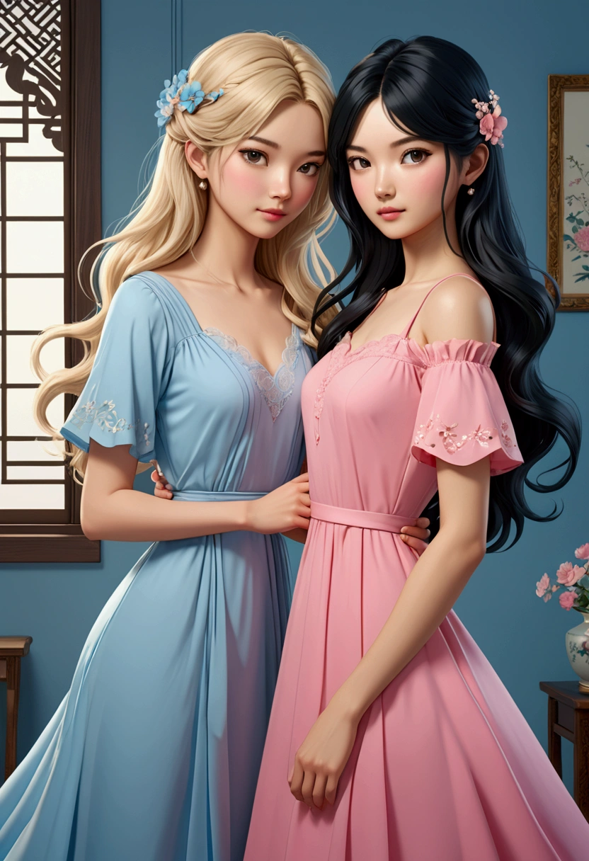 TWO beautiful Sarah Kay style women, deeply in love. One with blonde, semi-long hair, delicate British features, dressed in a light blue dress and the other is Asian, with long, loose black hair, dressed in a pink dress. illustration, 3d render, photography, realistic, anime, photography. , poster, fashion, portrait photography
