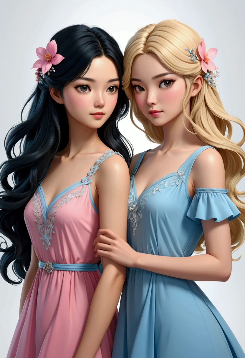TWO beautiful Sarah Kay style women, deeply in love. One with blonde, semi-long hair, delicate British features, dressed in a light blue dress and the other is Asian, with long, loose black hair, dressed in a pink dress. illustration, 3d render, photography, realistic, anime, photography. , poster, fashion, portrait photography