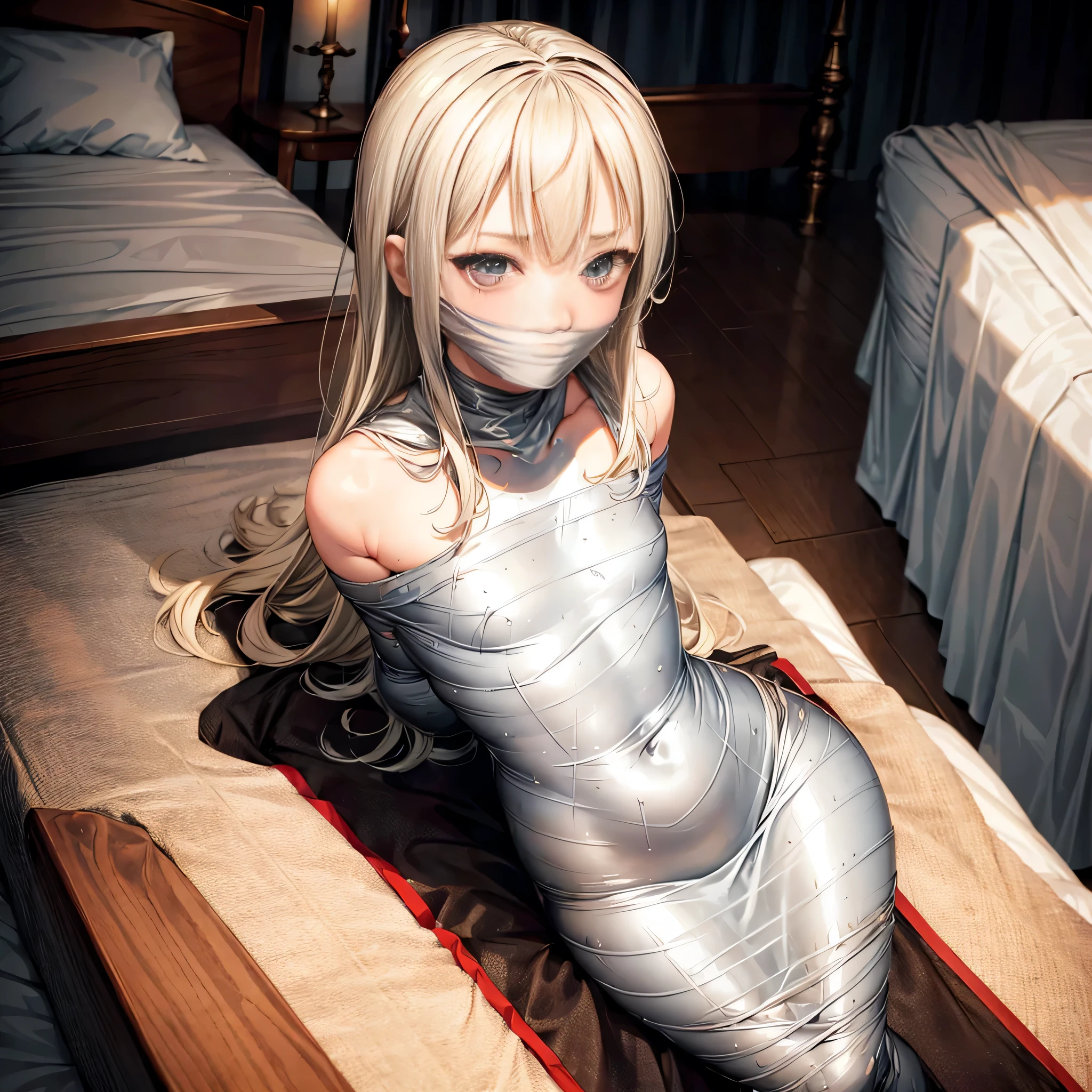 1girl, solo,mummified, gagged, silver duct tape, off shoulder, bending over, arms behind back, blonde hair, blushing,european,flat chest,(kid:1.3),bed room,hotel,spread leg,russian,kawaii,