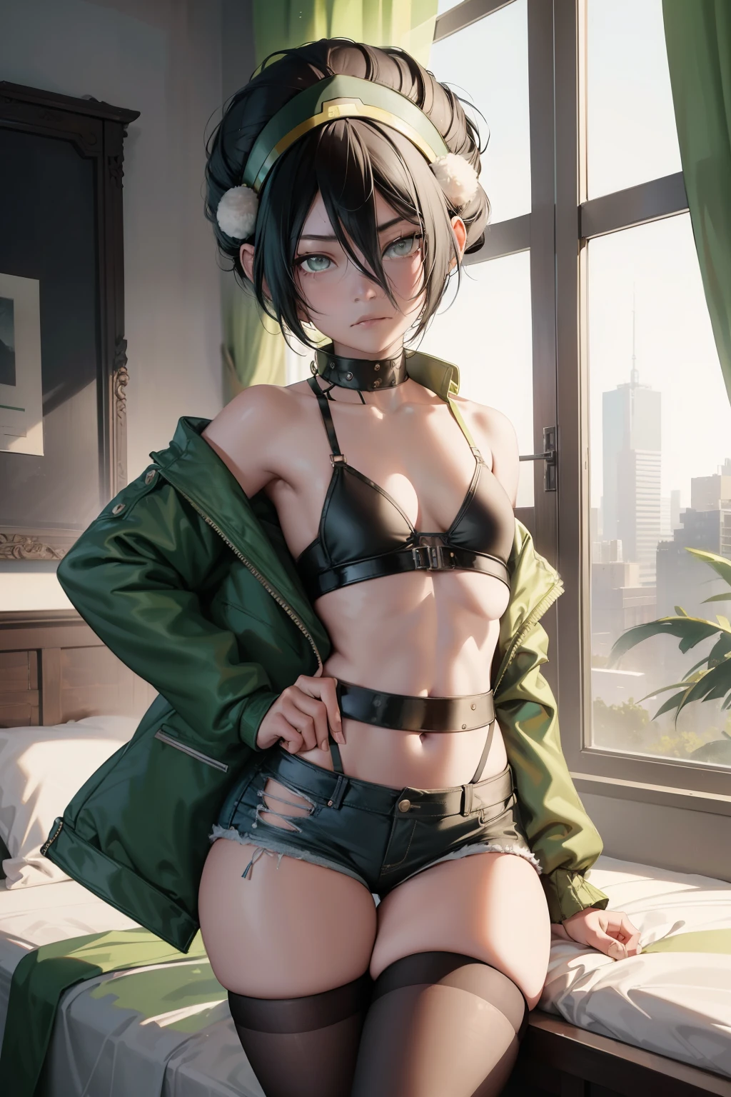 Toph beifong ,1girl , anime , masterpiece , Black hair,green jaqueta aberta open clothes ,toph beifong , disappointed face , solo, body, gren jacket, open clothes, bra , flat chest , short shorts jeans , looking at viewer , bedroom . fishnet thighhighs