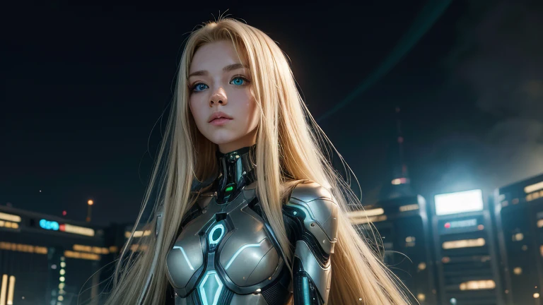 AN ADVANCED CYBERNETIC CITY AT THE CENTER OF THE UNIVERSE.
WHERE A FUTURISTIC YOUNG HUMANOID WOMAN IS FOUND.
SHE IS CHARACTERISTICS.@MICAELA BLONDE. LONG HAIR, GREEN EYES, BUT CYBERNETIC.