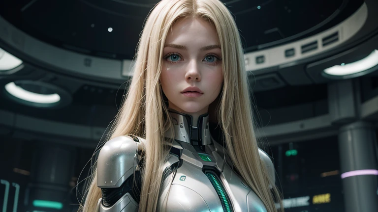 AN ADVANCED CYBERNETIC CITY AT THE CENTER OF THE UNIVERSE.
WHERE A FUTURISTIC YOUNG HUMANOID WOMAN IS FOUND.
SHE IS CHARACTERISTICS.@MICAELA BLONDE. LONG HAIR, GREEN EYES, BUT CYBERNETIC.
