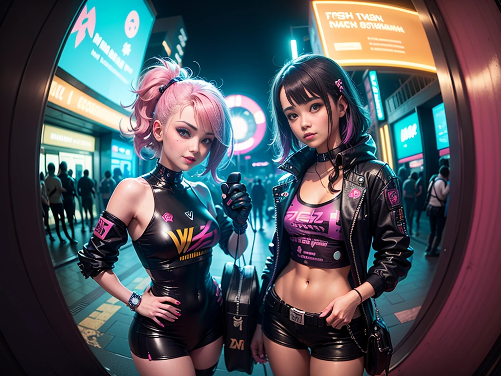 ((2 cyberpunk girls wearing colorful Harajuku style pop outfit)), (((fisheye lens))), cowboy shot, wind, messy hair, cyberpunk 2077 cityscape, (cyberpunk aesthetics and atmosphere:1.2), bright colors, smiling, ((cinematic lighting))