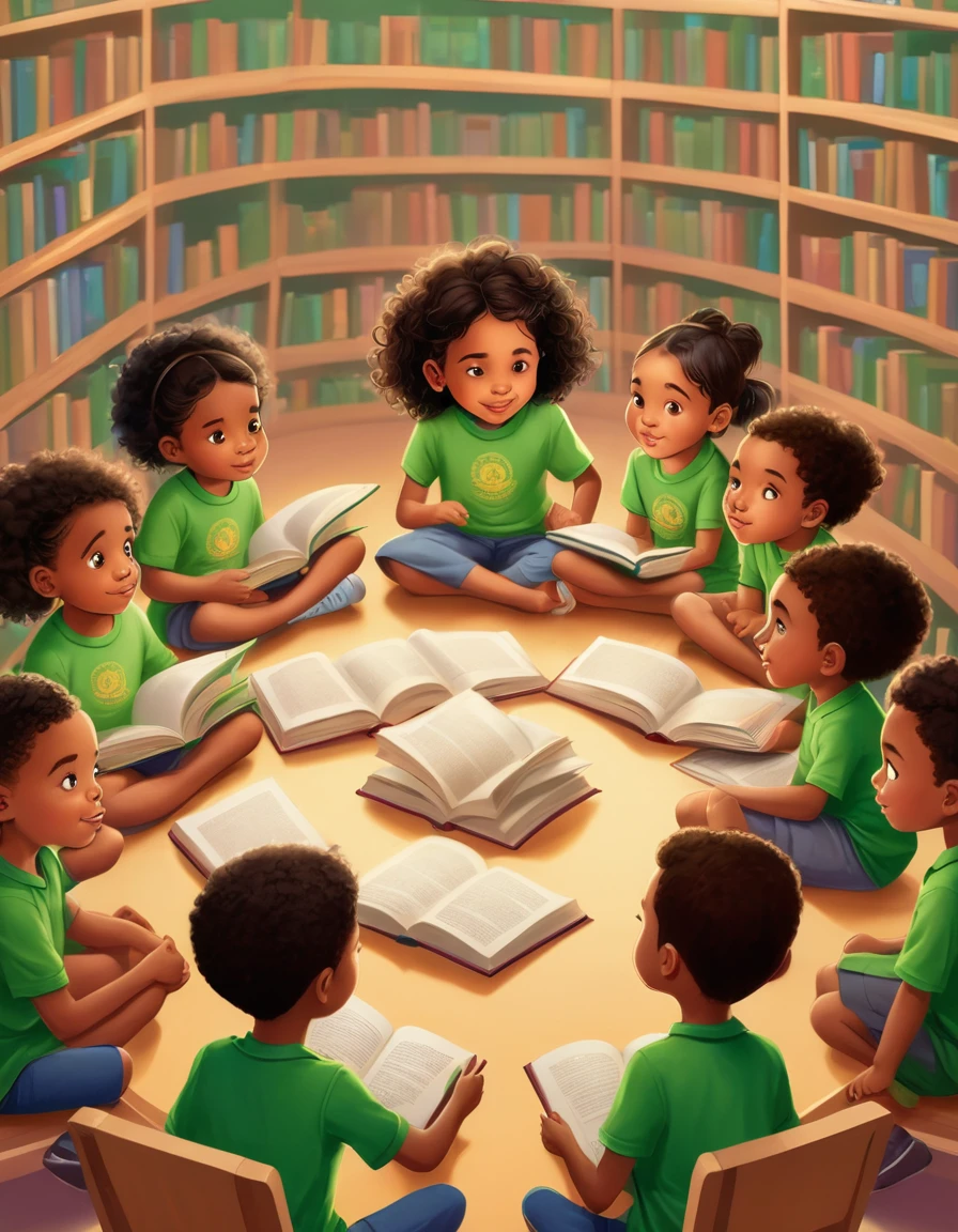 Cartoon style drawing of children of different ethnicities wearing green shirts in the foreground, seated in a circle, lendo livros. They are focused and interested in what they are reading, with a blurred background showing bookshelves.