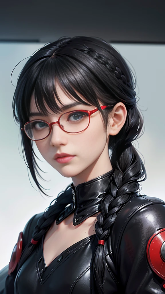 nsfw, Masterpiece, top quality, highly detailed, Beautiful mature girl wearing black frame glasses, long pink  hair ponytail with bangs,Black  uniform with red trim, red tie and thigh-high black stockings