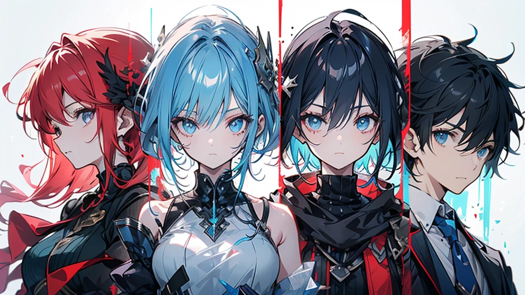 There are four people lined up. The first is a girl with red hair and a one-handed sword. The second is a boy with blue hair and a tank. The third is a magician with black hair of unknown gender. The fourth is a tall person.