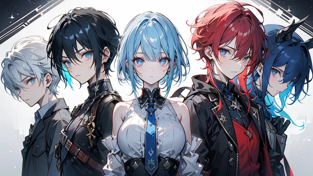 There are four people lined up. The first is a girl with red hair and a one-handed sword. The second is a boy with blue hair and a tank. The third is a magician with black hair of unknown gender. The fourth is a tall person.