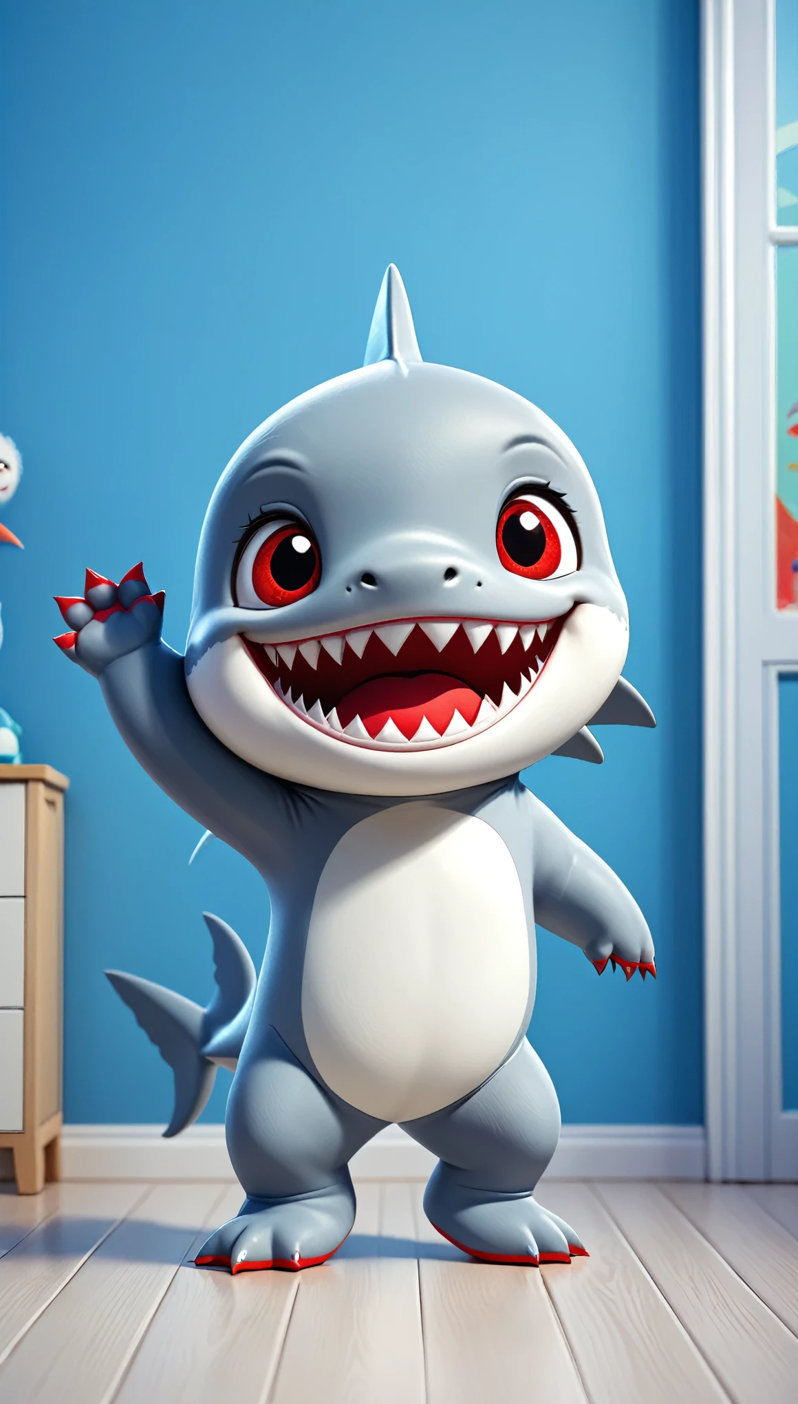 cute baaby shark, cartoon , arms, hands ,cute eyes, looking at viewer, arms up, close, shark teeth, red eyes, legs, room background, blue wall, happy, house