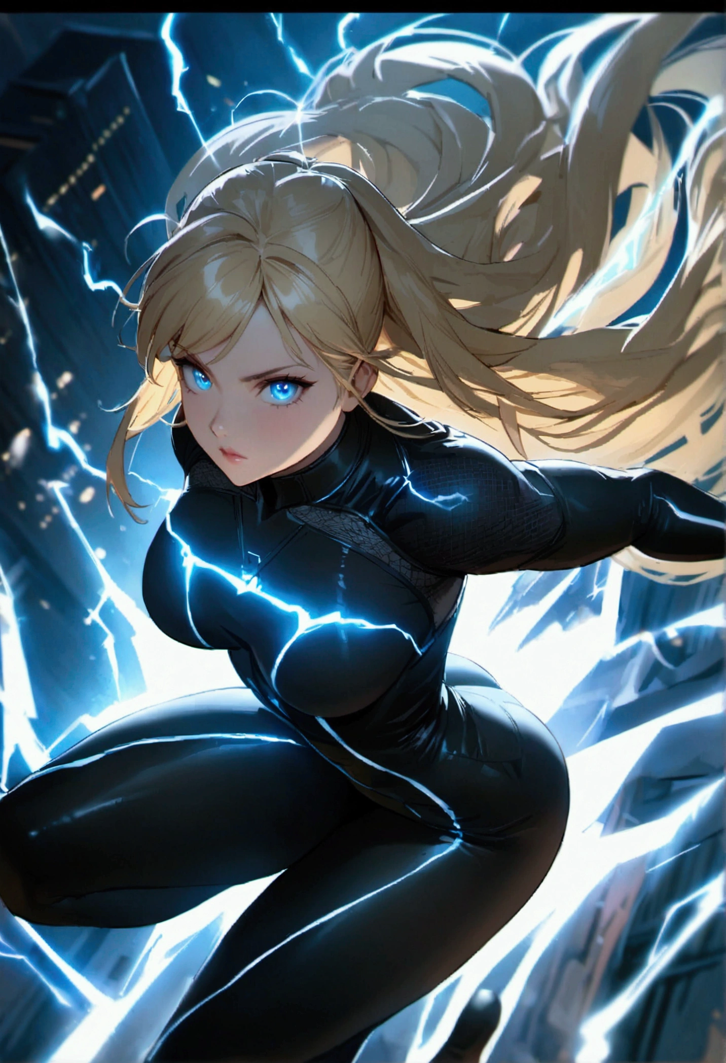 blonde, long flowing hair, cinematic, light blue eyes, glowing effect, electricity, 1 girl, beautiful girl, long tight dark black leggings, small open black jacket, jumping in air, epic, masterpiece, futuristic, flowing lightning energy around body, Lightning Glow effect, very detailed, action pose, from above view depth of field, muscle definition, normal sized legs.