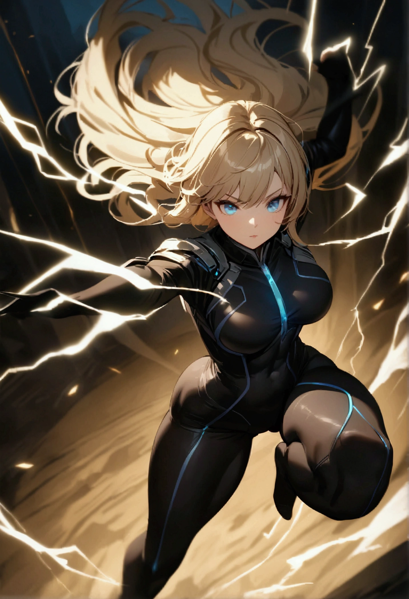 blonde, long flowing hair, cinematic, light blue eyes, glowing effect, electricity, 1 girl, beautiful girl, long tight dark black leggings, small open black jacket, jumping in air, epic, masterpiece, futuristic, flowing lightning energy around body, Lightning Glow effect, very detailed, action pose, from above view depth of field, muscle definition, normal sized legs.