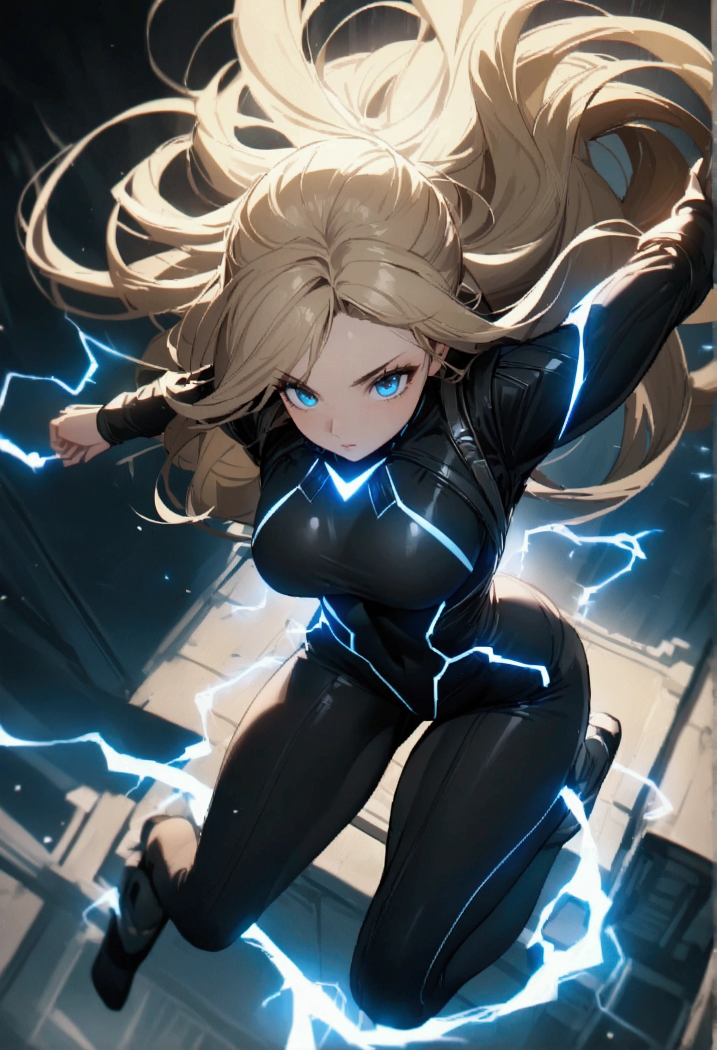 blonde, long flowing hair, cinematic, light blue eyes, glowing effect, electricity, 1 girl, beautiful girl, long tight dark black leggings, small open black jacket, jumping in air, epic, masterpiece, futuristic, flowing lightning energy around body, Lightning Glow effect, very detailed, action pose, from above view depth of field, muscle definition, normal sized legs.