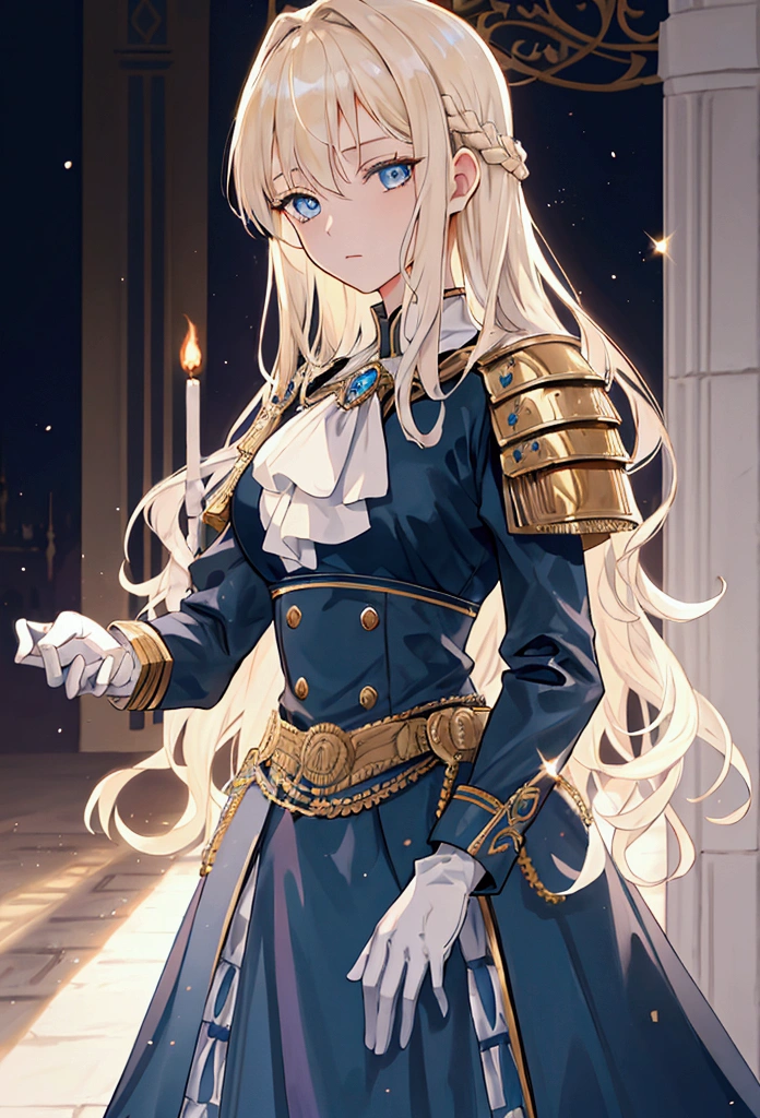 Victorian era, Military uniform, knights armor, noble clothes, 1woman, queen, solo, medium shot, palace background, iridescent eyes, blond hair, glowing hair, blue eyes, blurry background, blurry, looking at viewer, white glove, long hair, wavy hair,