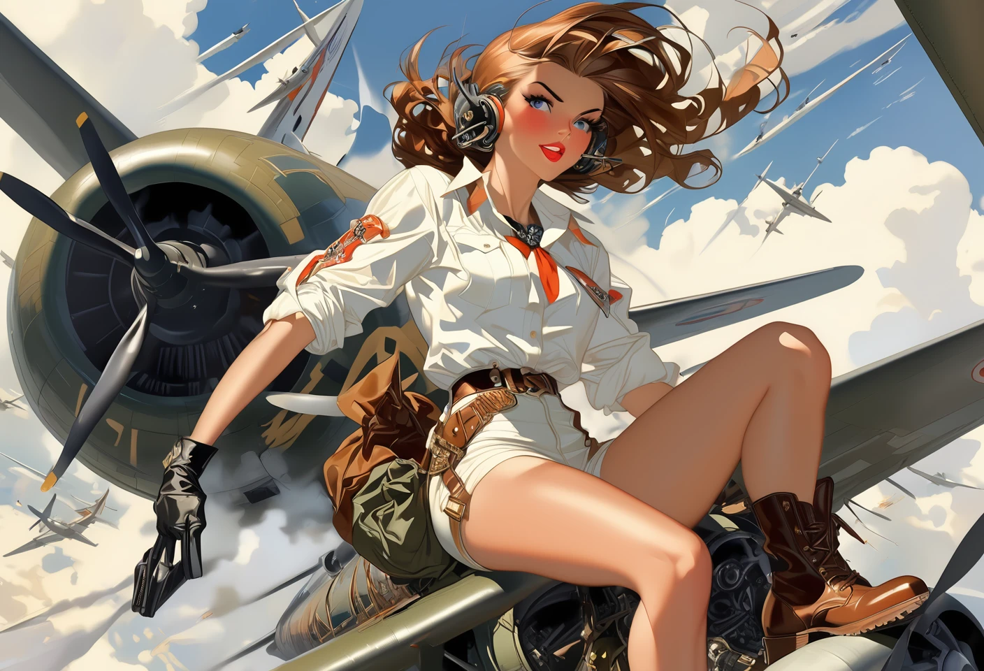 Art by J.C Leyendecker of a cowgirl in white short shorts, riding a massive nuclear bomb as it is being dropped from a vintage bomber plane. The cowgirl holds onto the bomb with a determined expression, her hair flowing in the wind. The bomber plane is shown in the background, with its engines roaring and propellers spinning. The overall atmosphere of the image is a mix of nostalgia, danger, and defiance, with a touch of dark humor.