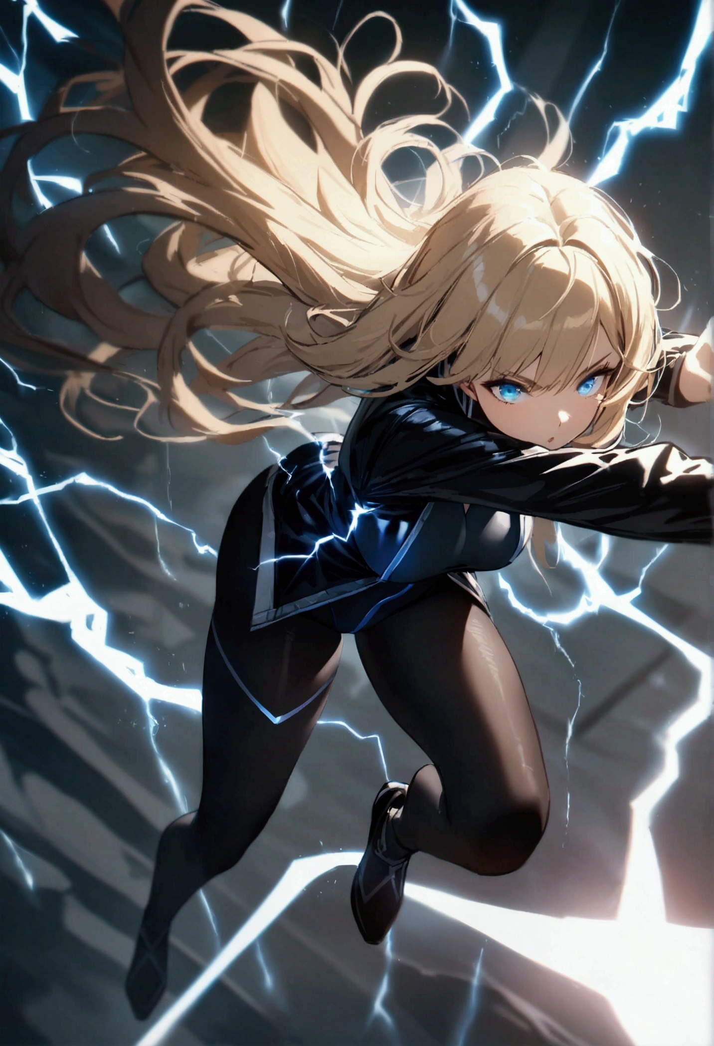 blonde, long flowing hair, cinematic, light blue eyes, glowing effect, electricity, 1 girl, beautiful girl, long tight dark black leggings, small open black jacket, jumping in air, epic, masterpiece, futuristic, flowing lightning energy around body, Lightning Glow effect, very detailed, action pose, from above view depth of field, muscle definition, normal sized legs.
