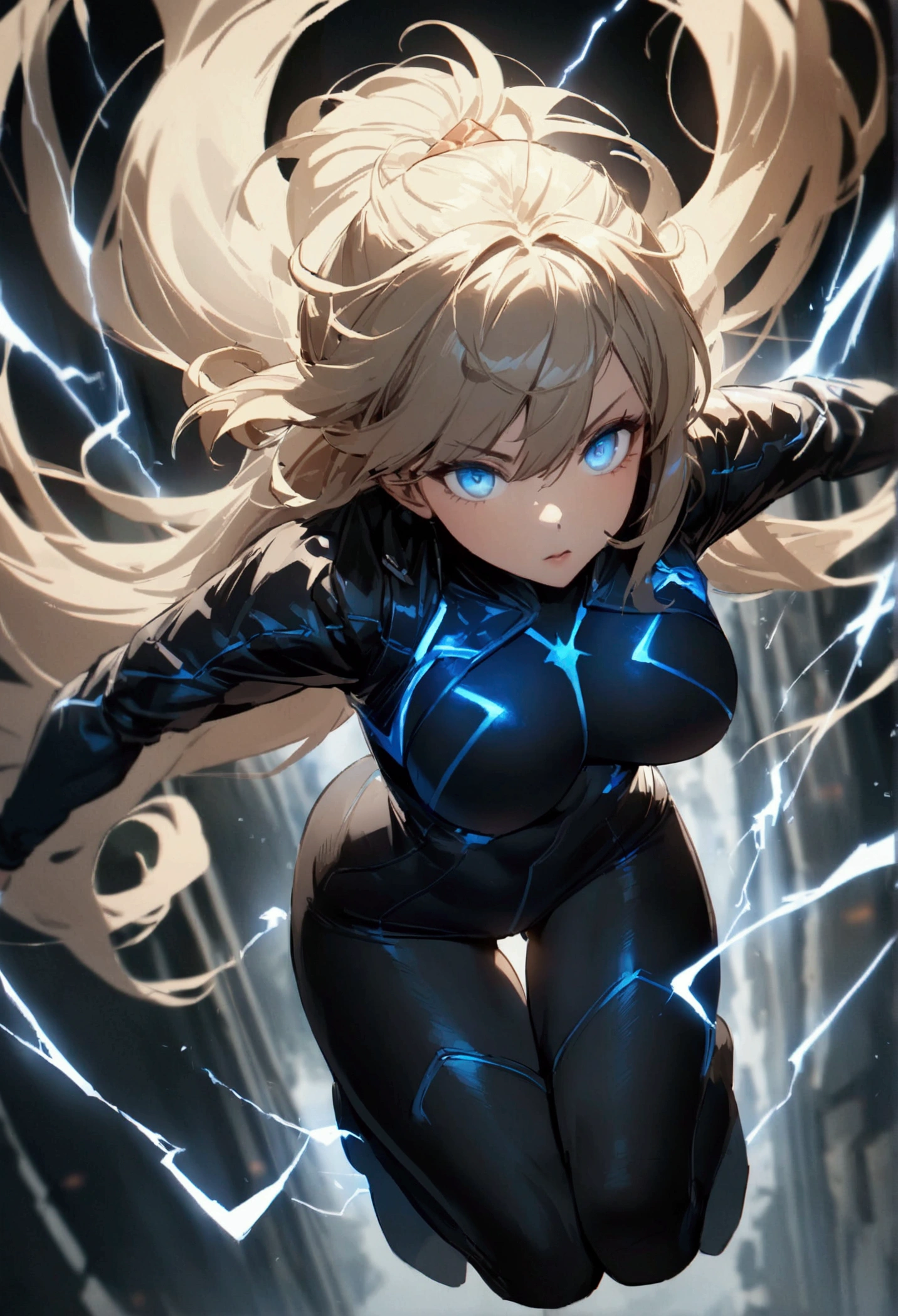 blonde, long flowing hair, cinematic, light blue eyes, glowing effect, electricity, 1 girl, beautiful girl, long tight dark black leggings, small open black jacket, jumping in air, epic, masterpiece, futuristic, flowing lightning energy around body, Lightning Glow effect, very detailed, action pose, from above view depth of field, muscle definition, normal sized legs.
