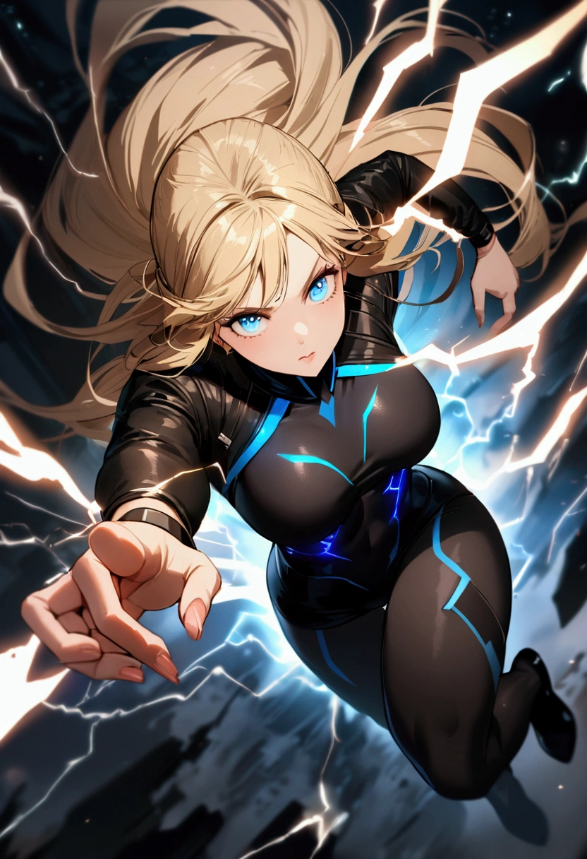 blonde, long flowing hair, cinematic, light blue eyes, glowing effect, electricity, 1 girl, beautiful girl, long tight dark black leggings, small open black jacket, jumping in air, epic, masterpiece, futuristic, flowing lightning energy around body, Lightning Glow effect, very detailed, action pose, from above view depth of field, muscle definition, normal sized legs.
