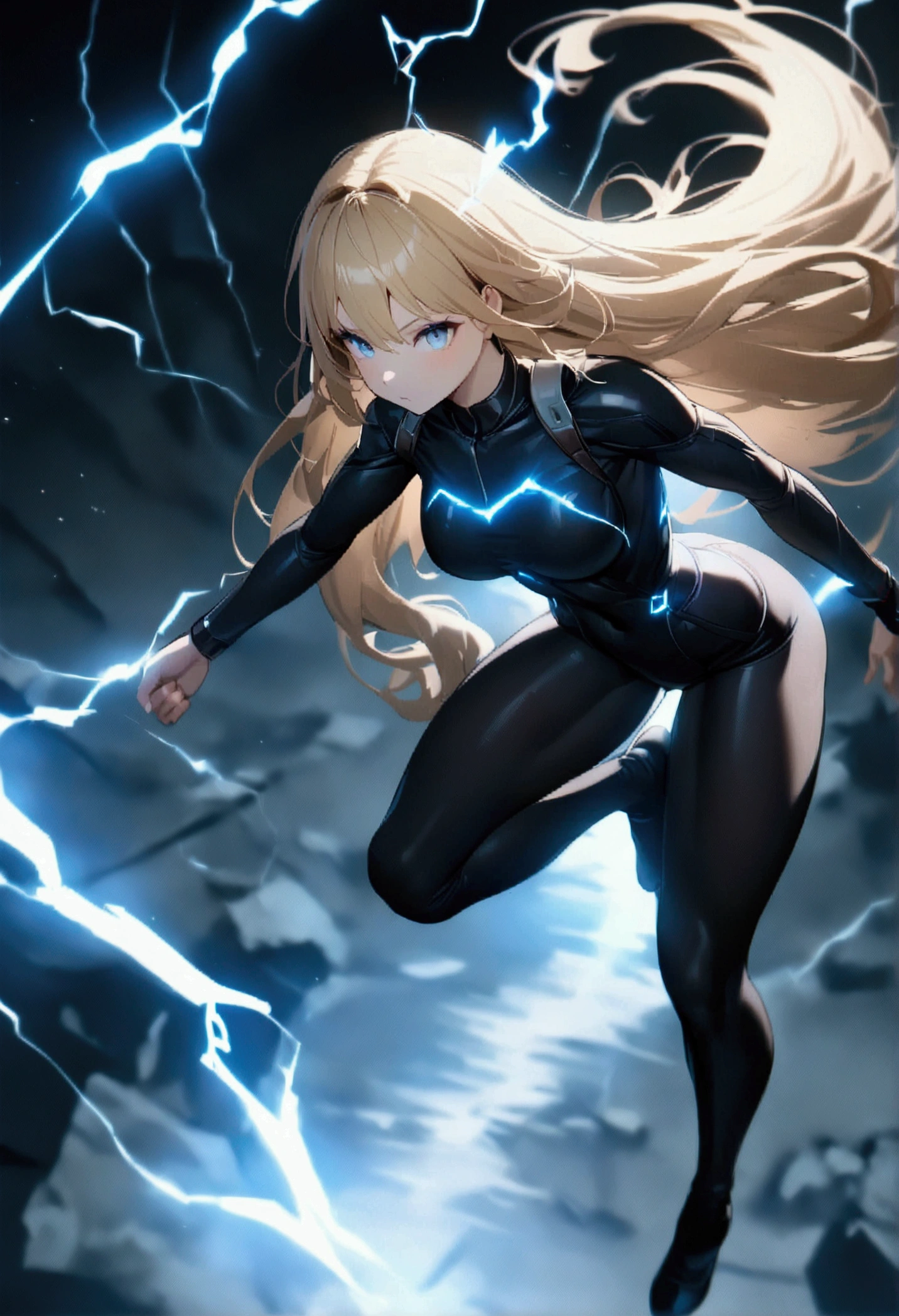 blonde, long flowing hair, cinematic, light blue eyes, glowing effect, electricity, 1 girl, beautiful girl, long tight dark black leggings, small open black jacket, jumping in air, epic, masterpiece, futuristic, flowing lightning energy around body, Lightning Glow effect, very detailed, action pose, from above view depth of field, muscle definition, normal sized legs.