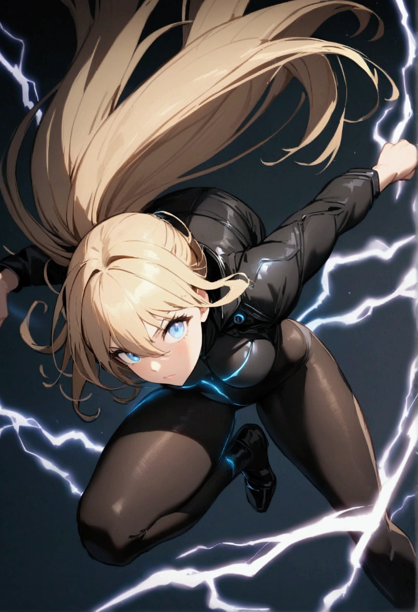 blonde, long flowing hair, cinematic, light blue eyes, glowing effect, electricity, 1 girl, beautiful girl, long tight dark black leggings, small open black jacket, jumping in air, epic, masterpiece, futuristic, flowing lightning energy around body, Lightning Glow effect, very detailed, action pose, from above view depth of field, muscle definition, normal sized legs.