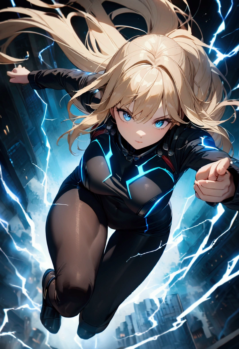 blonde, long flowing hair, cinematic, light blue eyes, glowing effect, electricity, 1 girl, beautiful girl, long tight dark black leggings, small open black jacket, jumping in air, epic, masterpiece, futuristic, flowing lightning energy around body, Lightning Glow effect, very detailed, action pose, from above view depth of field, muscle definition, normal sized legs.
