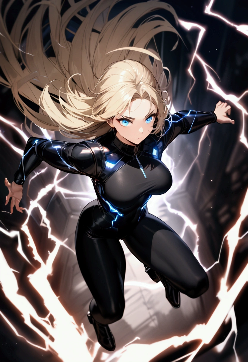 blonde, long flowing hair, cinematic, light blue eyes, glowing effect, electricity, 1 girl, beautiful girl, long tight dark black leggings, small open black jacket, jumping in air, epic, masterpiece, futuristic, flowing lightning energy around body, Lightning Glow effect, very detailed, action pose, from above view depth of field, muscle definition, normal sized legs.