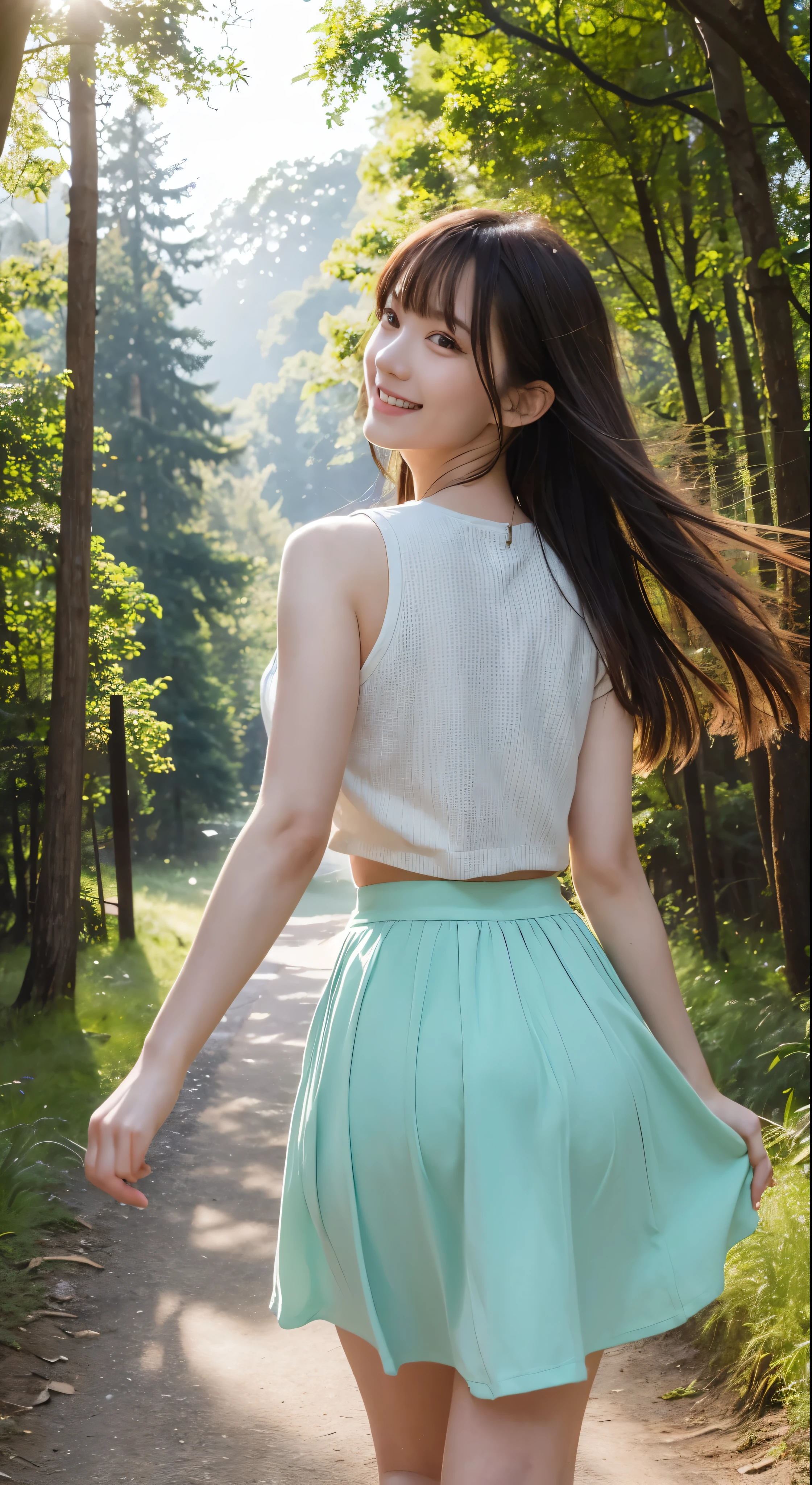 high resolution, (official art, beautiful and aesthetic: 1.2), close view, vast world, girl, running, refreshing smile, long skirt, distant horizon, forest, natural beauty, inspiration, light effect  