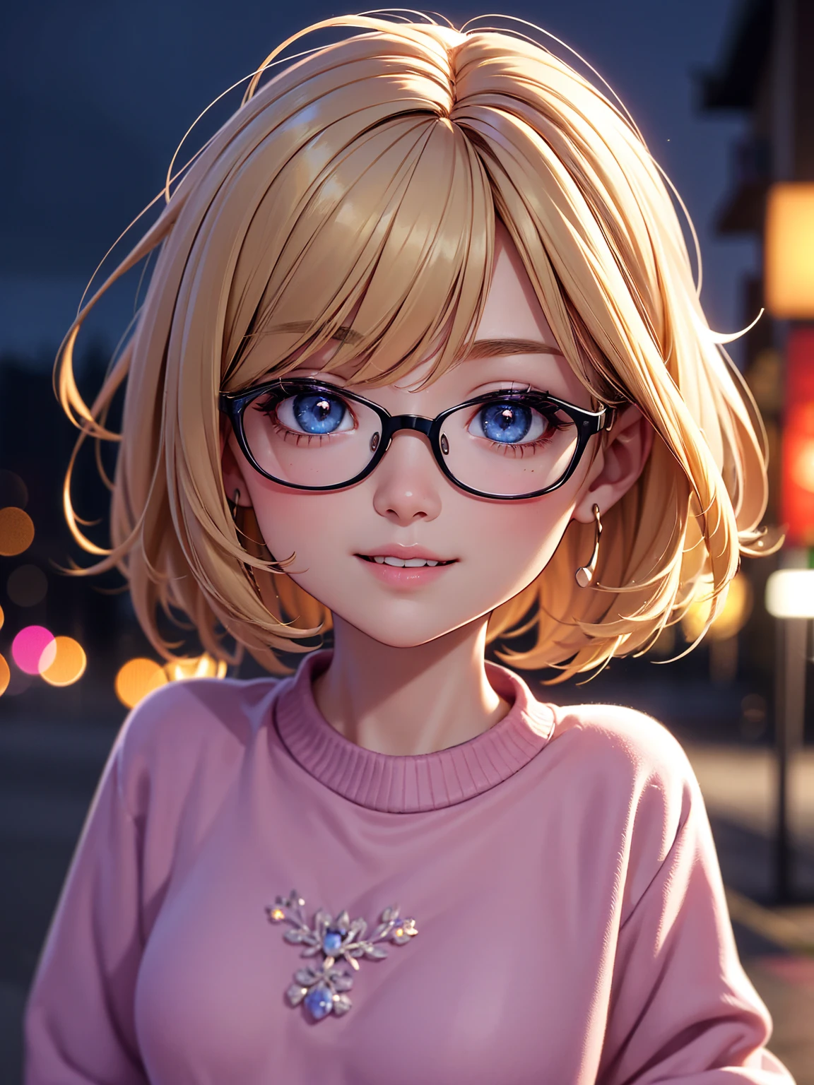rich in detail:1.5, high resolution, Natural strokes and colors, natural lighting, face detailed, detailed hair, eye detailed, detailed nose, detailed lips. an adult and beautiful girl:1.9, wearing a pink sweatshirt, wearing prescription glasses, city at night, with short blonde hair, blue colored eyes, and with a smile.
