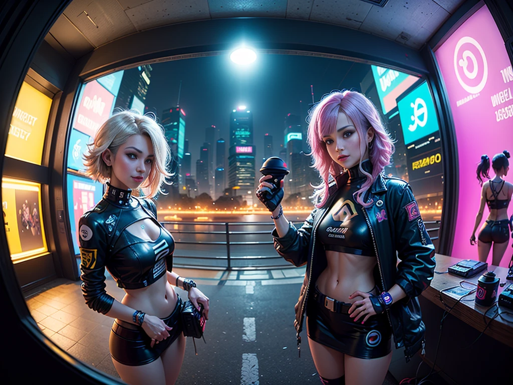 ((2 cyberpunk girls wearing colorful Harajuku style pop outfit)), ((((fisheye lens)))), cowboy shot, wind, messy hair, ((cyberpunk 2077 cityscape)), (cyberpunk aesthetics and atmosphere:1.3), bright colors, smiling, ((cinematic lighting))