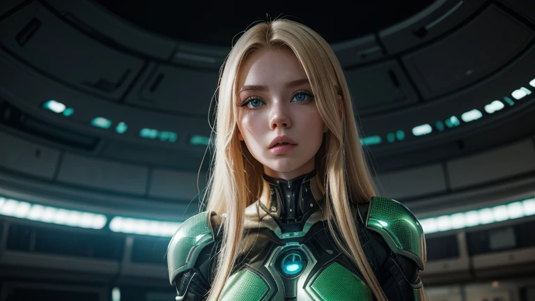 AN ADVANCED CYBERNETIC CITY AT THE CENTER OF THE UNIVERSE.
WHERE A FUTURISTIC YOUNG HUMANOID WOMAN IS FOUND.
SHE IS CHARACTERISTICS.@MICAELA BLONDE. LONG HAIR, GREEN EYES, BUT CYBERNETIC.