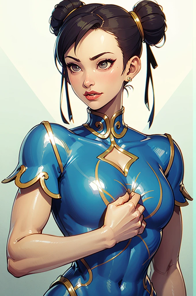 Chun Li, street fighter,(big chest:1.7),dynamic poses, open your chest completely,big chest,super perfect body curve, hair bands, twin buns, s-shaped body,anime waifu (18 years)-hot dad-frivolity-body language, figure in shape, bad laugh,Beautiful perfect face, realistic style and super detailed renderings, superrealism,kawaii, brush, super realistic oil, contour shadow process - (Waiting to start)