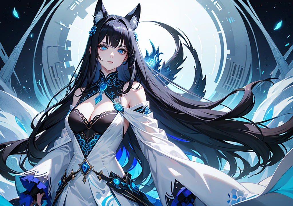 

"A mysterious and elegant female character stands gracefully, her aura radiating a blend of mystique and allure. She has long, flowing black hair with streaks of vibrant blue, accentuating her piercing blue eyes that glow with a supernatural light. Her attire is a traditional yet modern fusion, featuring a cropped black top with intricate blue embroidery and a flowing white skirt adorned with blue floral patterns. She holds a fox mask with glowing blue accents, partially covering her face, and wears a black face mask that adds to her enigmatic appearance. The atmosphere around her is dark and ethereal, with a faint blue glow emanating from her, enhancing her otherworldly presence."