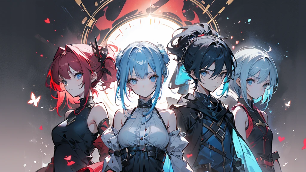 There are four people lined up. The first is a girl with red hair and a one-handed sword. The second is a boy with blue hair and a tank. The third is a magician with black hair of unknown gender. The fourth is a tall person.