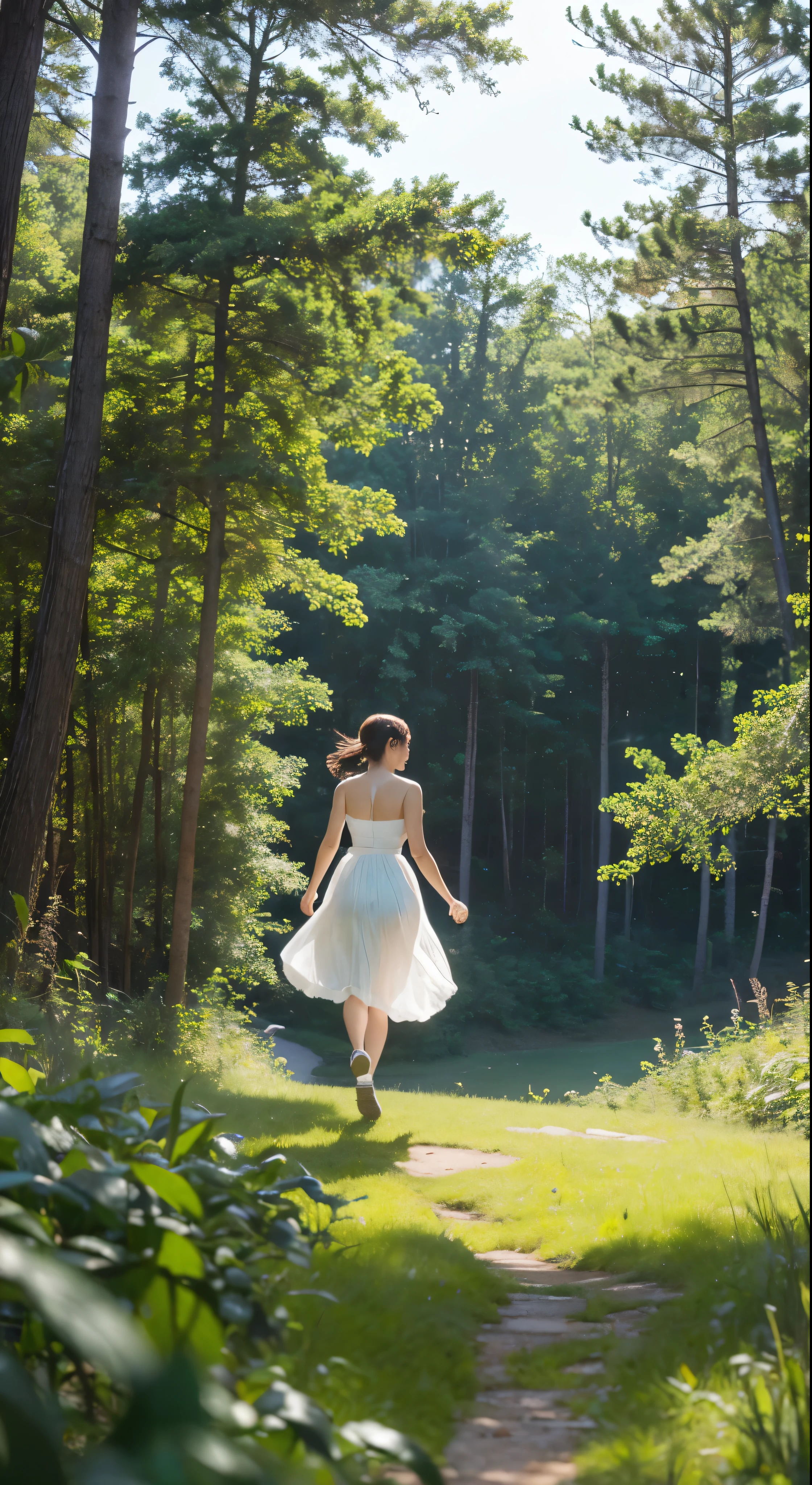 high resolution, (official art, beautiful and aesthetic: 1.2), close view, vast world, girl, running, refreshing smile, long skirt, distant horizon, forest, natural beauty, inspiration, light effect  