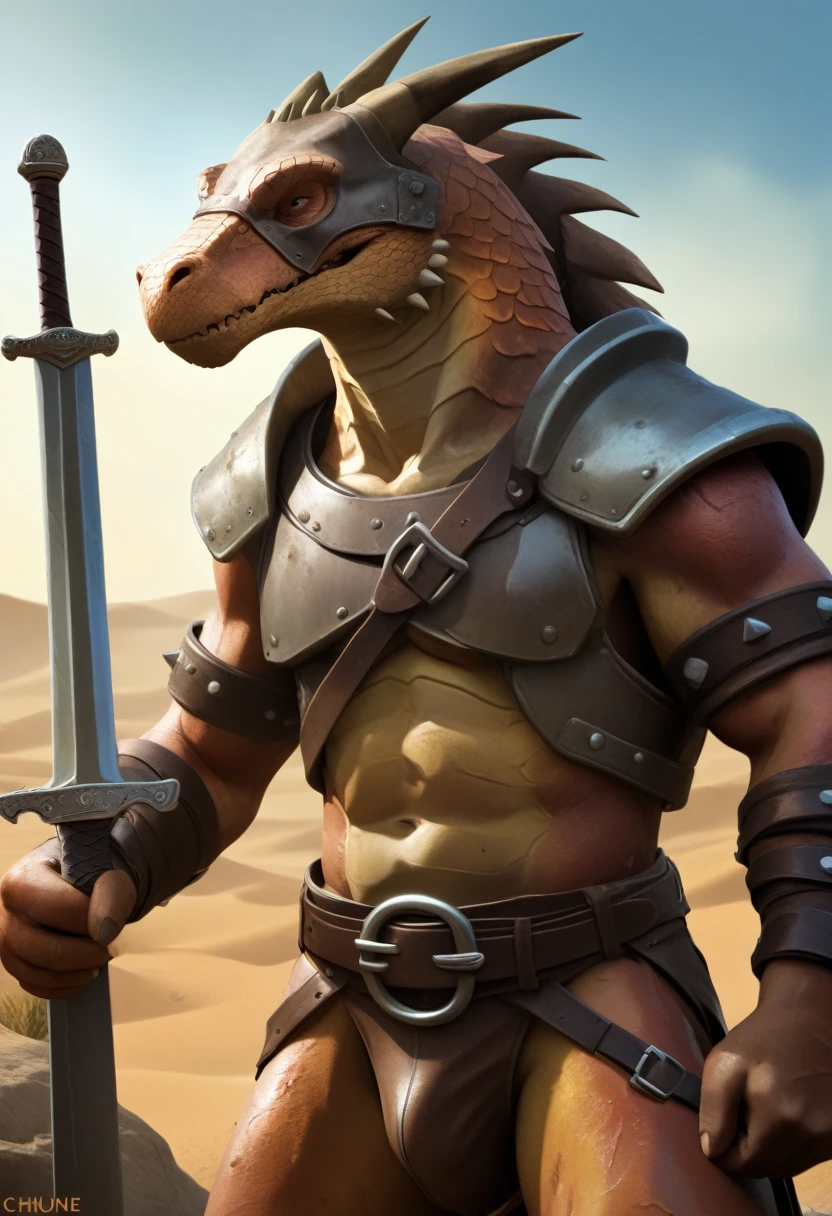 Solo Sexy anthro reptile scalie dragon male; ancient Mediterranean desert warrior; slim mesomorph handsome model apperance apperance; anthro reptile muzzle head shape leather helmet mask with eye holes; anthro reptile muzzle head shape leather helmet mask with eye holes, anthro reptile muzzle head shape leather helmet mask with eye holes, sword scars; worn out rusty sexy skimpy armament. He has low on hips heavy leather studded heavy belt. he has narrow in the crotch very old worn out bulgy tigh jockstrap (smelly jockstrap fetish); His jockstrap it is made of old white worn out matte leather sewn together from a few pieces, it has never been washed, it is dirty and has stains from secretions of dried semen and sweat; His armor is old heavy brown harness with armlets studded with spikes; rusty old skimpy breatsplate armor, he has old brown leather BFR Bands on Biceps and his thighs, he has old worn out fingerless leather gloves. His armor is in ruin, it is very very old and dirty, rusted, dirty, old worn out, rusty breastplate. Even though he is a handsome and sexy man, he has a sloppy appearance, has disheveled unwashed dirty husk skin, dirty body look. he smells, he has stains from old blood, dirst, cum, mud, smelly husk skin, disgusting bastard looking. He stands proudly bravely in the Mediterranean sunny pine forest; he stands upright, furious, with his sword raised in a ready-to-fight position, he holds a sword in his right paw, ready for incoming fight; he has a proud, threatening and defiant expression on his face, with little dirty dangerous smile; he has narrow in the crotch very old worn out bulgy tigh jockstrap (smelly jockstrap fetish); His jockstrap it is made of old white worn out matte leather sewn together from a few pieces, it has never been washed, it is dirty and has stains from secretions of dried semen and sweat;, he has narrow in the crotch very old worn out bulgy tigh jockstrap (smelly jockstrap fetish);