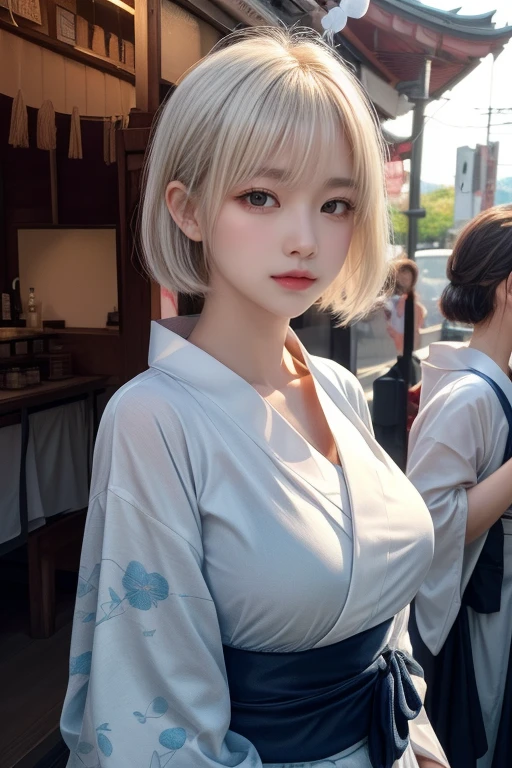 reflected light、Platinum blonde hair with dazzling highlights、Shiny Hair、beautiful shiny bangs、bright, clear, Charm, large blue eye、A very beautiful, adorable and cute 16 year old girl.、Ample Bust、Beautiful detailed eye、 Beautifully detailed nose,((whole body:1.5)),eyeを強調するメイク、Scattered beneath the surface、Glamorous details、Nature background、Super huge breasts、((Cinematic))、(Loose and fluffy perm:1.4)、1 girl、((Bob Hair:1.3))、超Genuineな8K CG、絵に描いたようなperfectionなperfectionな顔、perfection、clean、masterpiece、Professional artwork、 Famous works of art、perfectionな顔、Beautiful Face、美しいeyeのない女性の体))、alone、(Immersive atmosphere、Claire Obscure:1.5、bright light:1.2、bright lighting)、(blush:0.5)、Captivating look、Very detailed_eye、Beautifully detailed backgrounds、Written boundary depth、Genuine:1.3、Long Shot、whole body、(Zhou Haoguang:1.3)、(Cinematic composition:1.3)、(Puffy eye:1.2)、(Slim legs)、(Light on face and chest)、(((((Underbust)))))、Under the chest、Oily skin、thin、 Mature Woman、Light blue hair、((bright灰色の髪))、(((Two-tone hair)))、Slender women、Cute Woman、 8K Ultra HD,Detailed face、Delicate texture, ((Japanese clothing style))、((Girl in kimono))、((A girl holding an umbrella))、((Wear a Japan kimono))、(At dusk)、(shrine)、Holding an umbrella、(Kimono Beauty)、It&#39;s very interesting