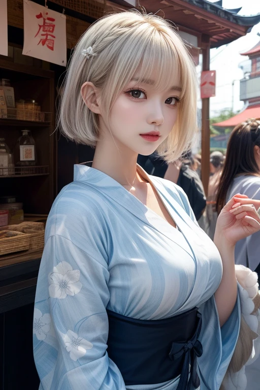reflected light、Platinum blonde hair with dazzling highlights、Shiny Hair、beautiful shiny bangs、bright, clear, Charm, large blue eye、A very beautiful, adorable and cute 16 year old girl.、Ample Bust、Beautiful detailed eye、 Beautifully detailed nose,((whole body:1.5)),eyeを強調するメイク、Scattered beneath the surface、Glamorous details、Nature background、Super huge breasts、((Cinematic))、(Loose and fluffy perm:1.4)、1 girl、((Bob Hair:1.3))、超Genuineな8K CG、絵に描いたようなperfectionなperfectionな顔、perfection、clean、masterpiece、Professional artwork、 Famous works of art、perfectionな顔、Beautiful Face、美しいeyeのない女性の体))、alone、(Immersive atmosphere、Claire Obscure:1.5、bright light:1.2、bright lighting)、(blush:0.5)、Captivating look、Very detailed_eye、Beautifully detailed backgrounds、Written boundary depth、Genuine:1.3、Long Shot、whole body、(Zhou Haoguang:1.3)、(Cinematic composition:1.3)、(Puffy eye:1.2)、(Slim legs)、(Light on face and chest)、(((((Underbust)))))、Under the chest、Oily skin、thin、 Mature Woman、Light blue hair、((bright灰色の髪))、(((Two-tone hair)))、Slender women、Cute Woman、 8K Ultra HD,Detailed face、Delicate texture, ((Yukata style))、((Girl in yukata))、((Cotton candyを食べる女の子))、((Fox Maskをつけた女の子))、((Enjoy the festival))、((Festival Venue))、((stall))、((Fox Mask))、((Fox Maskを左側頭部に付ける))、((Yo-yo))、((Cotton candy))、((Cotton candyを食べる))、((Wear a Japan yukata))、(At dusk)