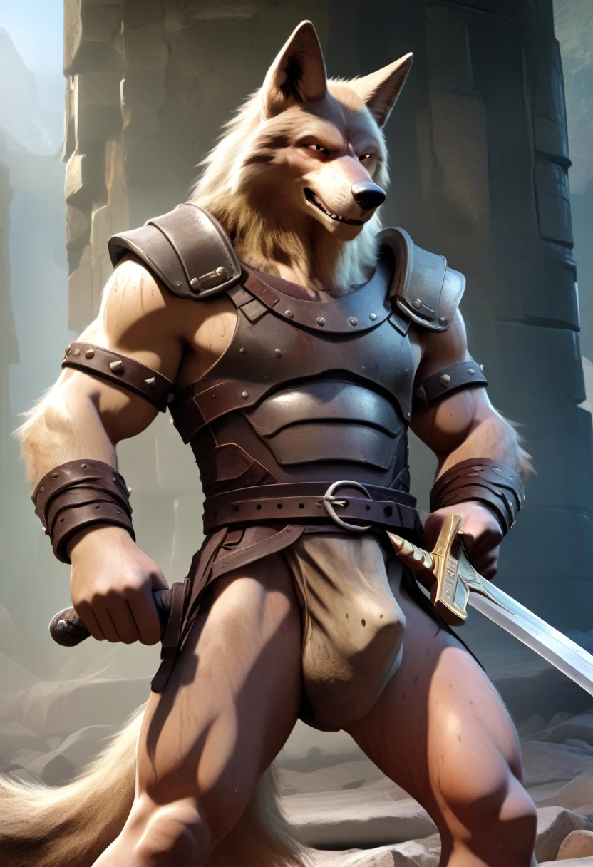 Solo Sexy anthro furry wolf coyote male; ancient Mediterranean desert warrior; slim mesomorph handsome model apperance apperance; anthro muzzle head shape leather helmet mask with eye holes; anthro muzzle head shape leather helmet mask with eye holes, anthro muzzle head shape leather helmet mask with eye holes, sword scars; worn out rusty sexy skimpy armament. He has low on hips heavy leather studded heavy belt. he has narrow in the crotch very old worn out bulgy tigh jockstrap (smelly jockstrap fetish); His jockstrap it is made of old white worn out matte leather sewn together from a few pieces, it has never been washed, it is dirty and has stains from secretions of dried semen and sweat; His armor is old heavy brown harness with armlets studded with spikes; rusty old skimpy breatsplate armor, he has old brown leather BFR Bands on Biceps and his thighs, he has old worn out fingerless leather gloves. His armor is in ruin, it is very very old and dirty, rusted, dirty, old worn out, rusty breastplate. Even though he is a handsome and sexy man, he has a sloppy appearance, has disheveled unwashed dirty fur, dirty body look. he smells, he has stains from old blood, dirst, cum, mud, smelly furr, disgusting bastard looking. He stands proudly bravely in the Mediterranean sunny pine forest; he stands upright, furious, with his sword raised in a ready-to-fight position, he holds a sword in his right paw, ready for incoming fight; he has a proud, threatening and defiant expression on his face, with little dirty dangerous smile; he has narrow in the crotch very old worn out bulgy tigh jockstrap (smelly jockstrap fetish); His jockstrap it is made of old white worn out matte leather sewn together from a few pieces, it has never been washed, it is dirty and has stains from secretions of dried semen and sweat;, he has narrow in the crotch very old worn out bulgy tigh jockstrap (smelly jockstrap fetish);