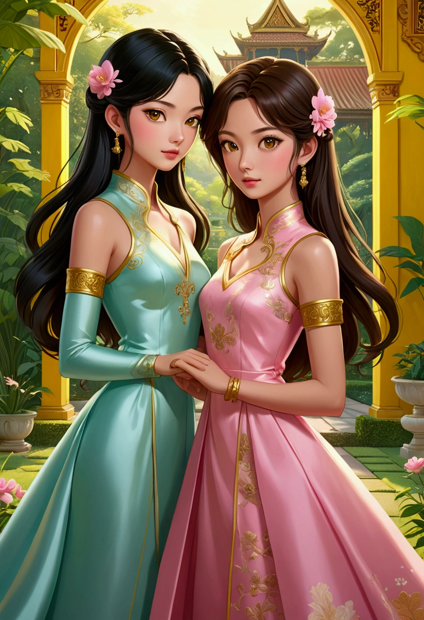 Name "The Loyal Pin(5 days!)" in an elegant 3d metallic gold font, to an idyllic image in the garden of a palace with its yellow painted walls and green windows, Thai style; of TWO beautiful women in Anime Illustration style, deeply in love. One with light brown hair, semi-long, delicate British features, brown eyes, dressed in a light blue dress and the other with delicate Asian features, long and loose black hair, brown eyes, dressed in a pink dress. illustration, 3d render, photography, realistic, anime, photography. , poster, fashion, portrait photography
