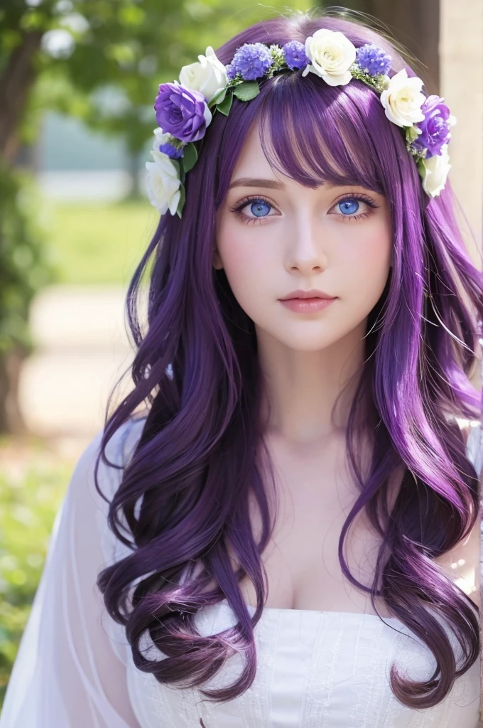 Purple hair, blue eyes, beautiful white woman, long hair, curly hair, dressed up, flower on head, front view